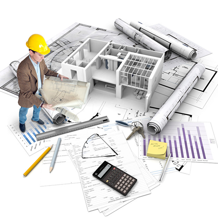 All elements of a property purchase, an architect with blueprints, a building under construction, a mortgage application..